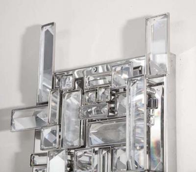  Venfield Pair of Enormous Polished Nickel Sconces with Austrian Baguette Crystals