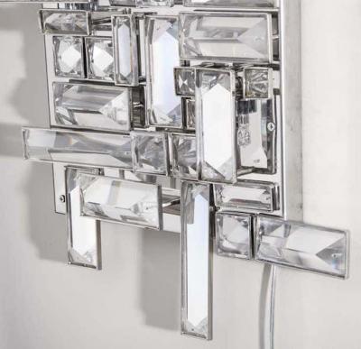  Venfield Pair of Enormous Polished Nickel Sconces with Austrian Baguette Crystals