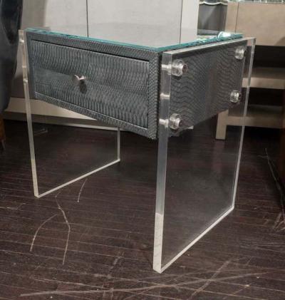  Venfield Pair of Gunmetal Gray Python Nightstands with Lucite Side Panels