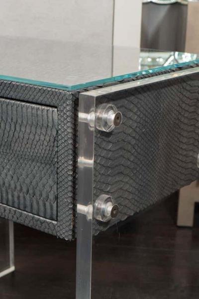  Venfield Pair of Gunmetal Gray Python Nightstands with Lucite Side Panels