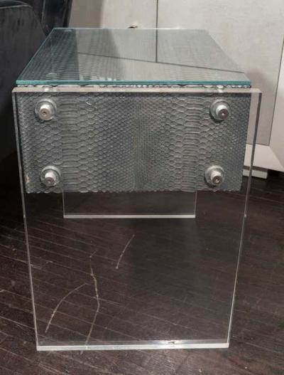  Venfield Pair of Gunmetal Gray Python Nightstands with Lucite Side Panels