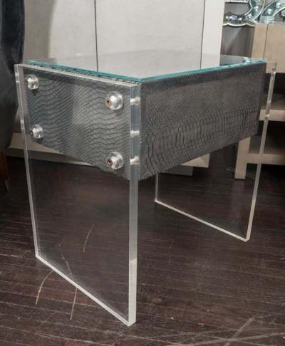  Venfield Pair of Gunmetal Gray Python Nightstands with Lucite Side Panels