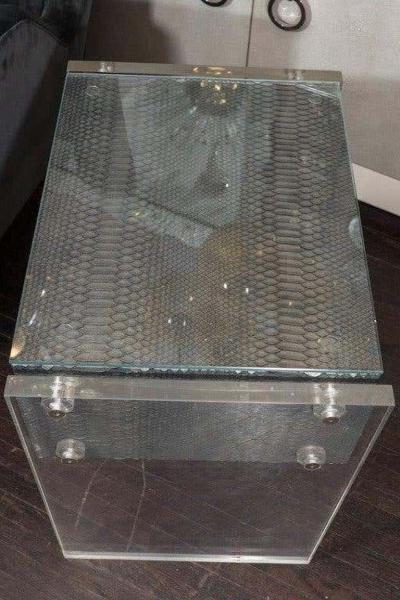  Venfield Pair of Gunmetal Gray Python Nightstands with Lucite Side Panels