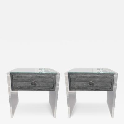  Venfield Pair of Gunmetal Gray Python Nightstands with Lucite Side Panels