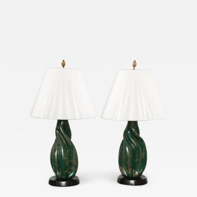  Venice Murano Co Murano Green and Silver Gold Fleck Twist Cased Glass Lamps