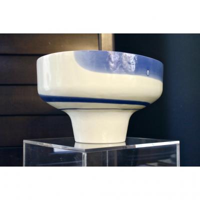 Venini 1950s Venini Vintage Italian Blue Cream White Pate de Verre Murano Glass Bowl