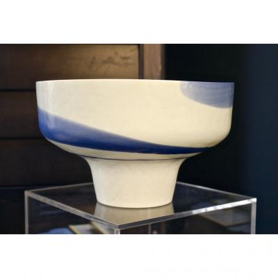  Venini 1950s Venini Vintage Italian Blue Cream White Pate de Verre Murano Glass Bowl