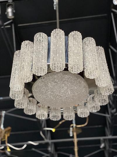  Venini A Pair Italian Modern Polished Nickel and Hand Blown Glass Chandeliers Venini