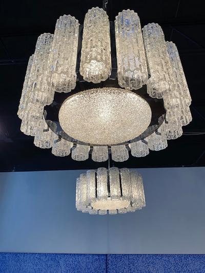  Venini A Pair Italian Modern Polished Nickel and Hand Blown Glass Chandeliers Venini
