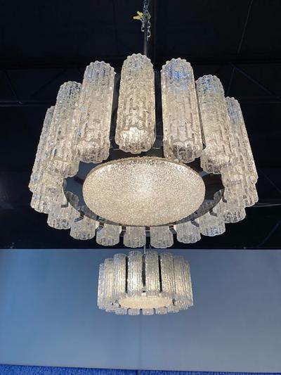  Venini A Pair Italian Modern Polished Nickel and Hand Blown Glass Chandeliers Venini