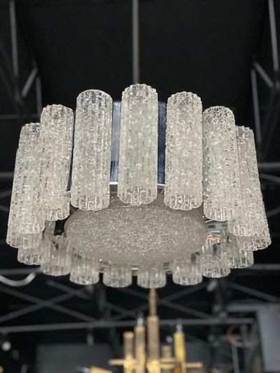  Venini A Pair Italian Modern Polished Nickel and Hand Blown Glass Chandeliers Venini
