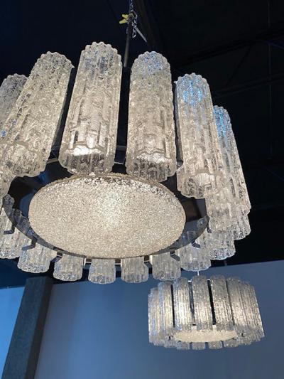  Venini A Pair Italian Modern Polished Nickel and Hand Blown Glass Chandeliers Venini