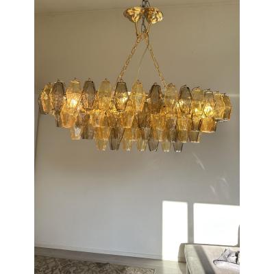  Venini Contemporary Amber and Fum Poliedri Murano Glass Chandelier in Venini Style