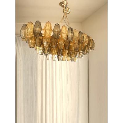  Venini Contemporary Amber and Fum Poliedri Murano Glass Chandelier in Venini Style