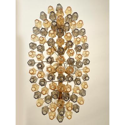  Venini Contemporary Amber and Fum Poliedri Murano Glass Chandelier in Venini Style