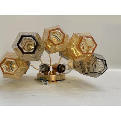  Venini Contemporary Amber and Fum Poliedri Murano Glass Wall Sconce in Venini Style