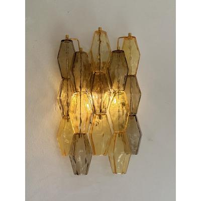  Venini Contemporary Amber and Fum Poliedri Murano Glass Wall Sconce in Venini Style