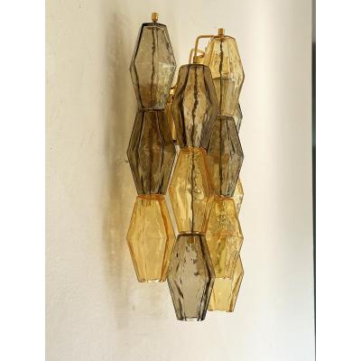  Venini Contemporary Amber and Fum Poliedri Murano Glass Wall Sconce in Venini Style