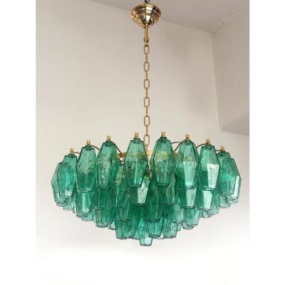 Venini Contemporary Green Poliedri Murano Glass Gold Chandelier in Venini Style
