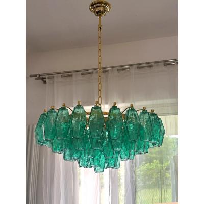  Venini Contemporary Green Poliedri Murano Glass Gold Chandelier in Venini Style