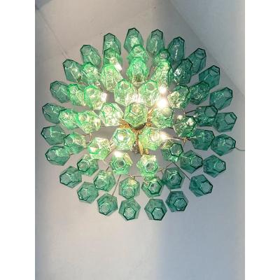  Venini Contemporary Green Poliedri Murano Glass Gold Chandelier in Venini Style