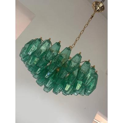  Venini Contemporary Green Poliedri Murano Glass Gold Chandelier in Venini Style