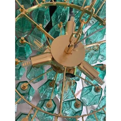  Venini Contemporary Green Poliedri Murano Glass Gold Chandelier in Venini Style
