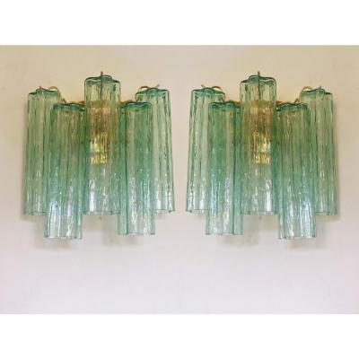  Venini Contemporary Green Tronchi Murano Glass Wall Sconce in Venini Style a Pair