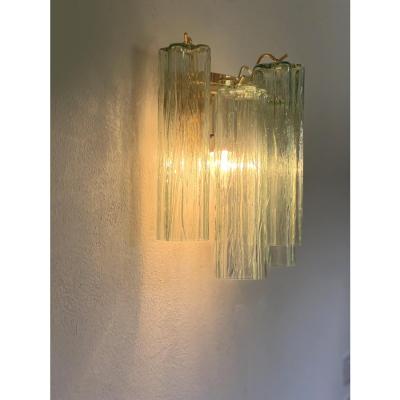  Venini Contemporary Green Tronchi Murano Glass Wall Sconce in Venini Style a Pair