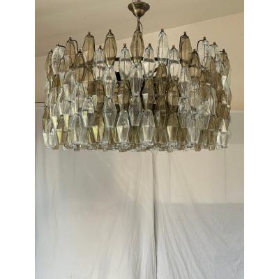  Venini Contemporary Huge Poliedro Murano Glass Brunish Chandelier in Venini Style