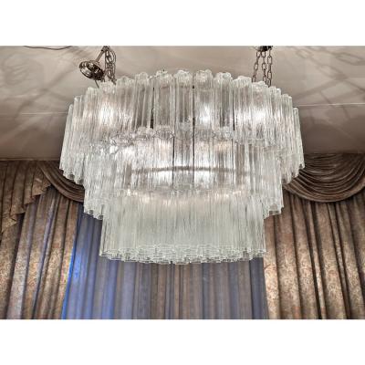  Venini Contemporary Oval Transparent Tronchi Murano Glass Chandelier in Venini Style