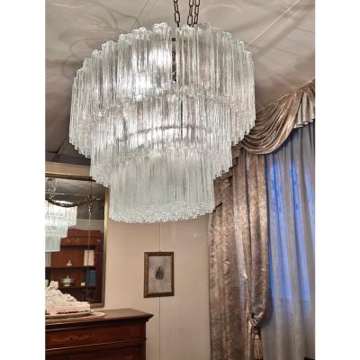  Venini Contemporary Oval Transparent Tronchi Murano Glass Chandelier in Venini Style