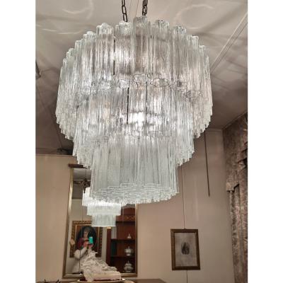  Venini Contemporary Oval Transparent Tronchi Murano Glass Chandelier in Venini Style