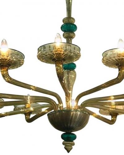  Venini Elegant Murano Chandelier Amber and Emerald Handblown Glass Venini 1960