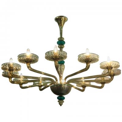  Venini Pair Elegant Murano Chandelier Amber and Emerald Handblown Glass Venini 1960