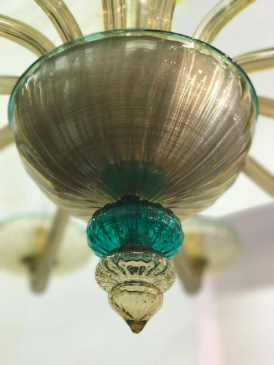  Venini Pair Elegant Murano Chandelier Amber and Emerald Handblown Glass Venini 1960