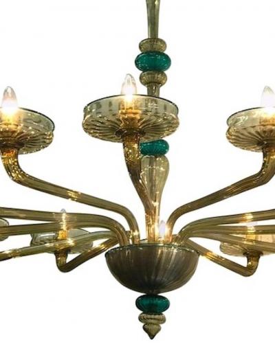  Venini Pair Elegant Murano Chandelier Amber and Emerald Handblown Glass Venini 1960