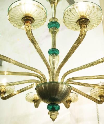  Venini Pair Elegant Murano Chandelier Amber and Emerald Handblown Glass Venini 1960
