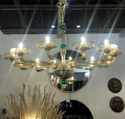  Venini Pair Elegant Murano Chandelier Amber and Emerald Handblown Glass Venini 1960