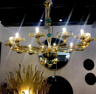  Venini Pair Elegant Murano Chandelier Amber and Emerald Handblown Glass Venini 1960