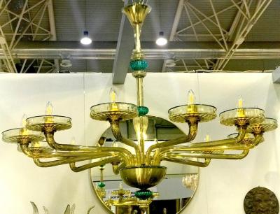  Venini Pair Elegant Murano Chandelier Amber and Emerald Handblown Glass Venini 1960