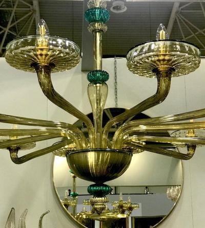  Venini Pair Elegant Murano Chandelier Amber and Emerald Handblown Glass Venini 1960