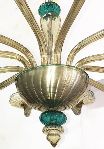  Venini Pair Elegant Murano Chandelier Amber and Emerald Handblown Glass Venini 1960