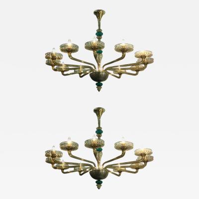  Venini Pair Elegant Murano Chandelier Amber and Emerald Handblown Glass Venini 1960