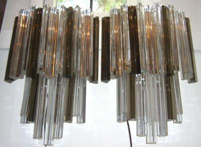  Venini Pair of Large Venini Smoked and Clear Triedri Glass Sconces