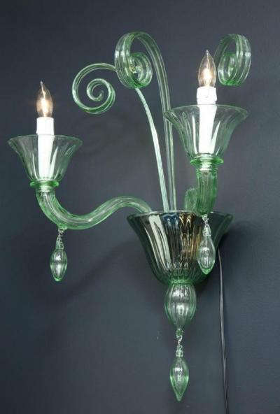 Venini Pair of Venini Style Light Green Murano Glass and Chrome Sconces Italy