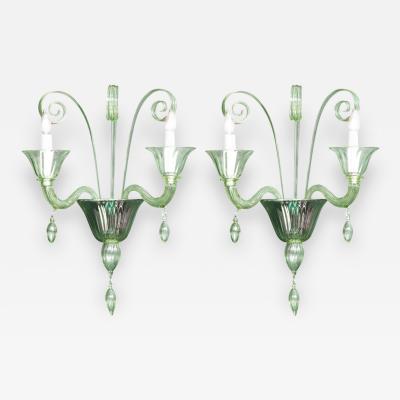  Venini Pair of Venini Style Light Green Murano Glass and Chrome Sconces Italy