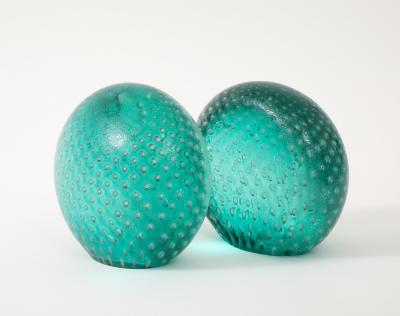  Venini Rare Pair of Green Glass Bookends in Corroso a Bollicine by Venini