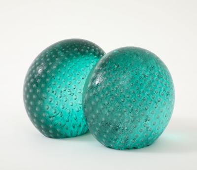  Venini Rare Pair of Green Glass Bookends in Corroso a Bollicine by Venini