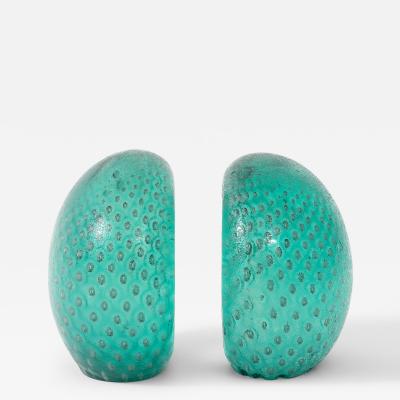  Venini Rare Pair of Green Glass Bookends in Corroso a Bollicine by Venini